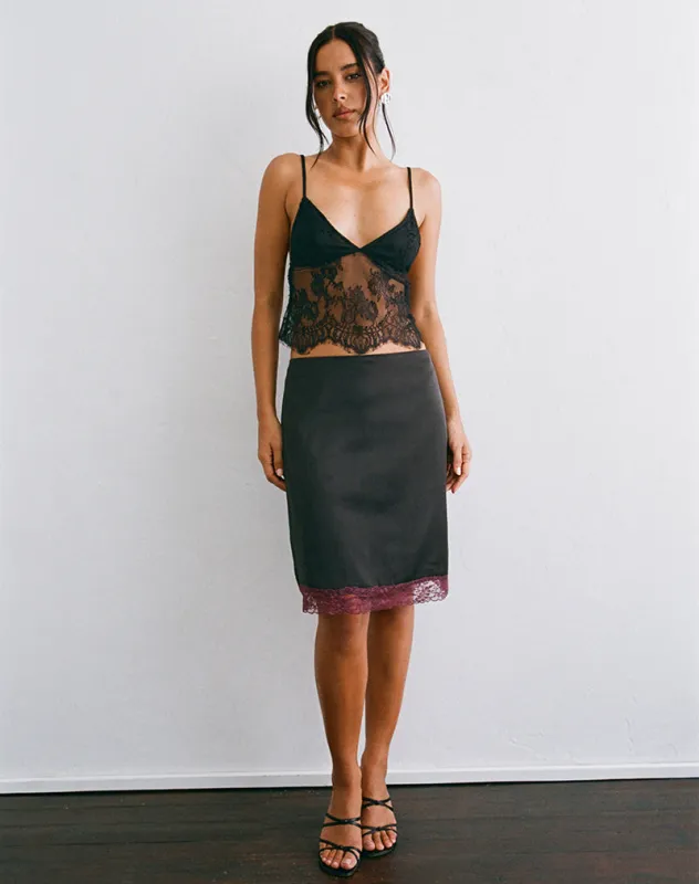 Riang Midi Skirt in Satin Black with Lace Trim Burgundy made by Motel Rocks