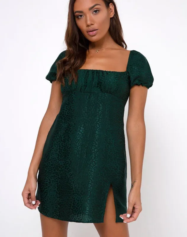 Lonma Mini Dress in Satin Cheetah Forest Green sold by Motel Rocks