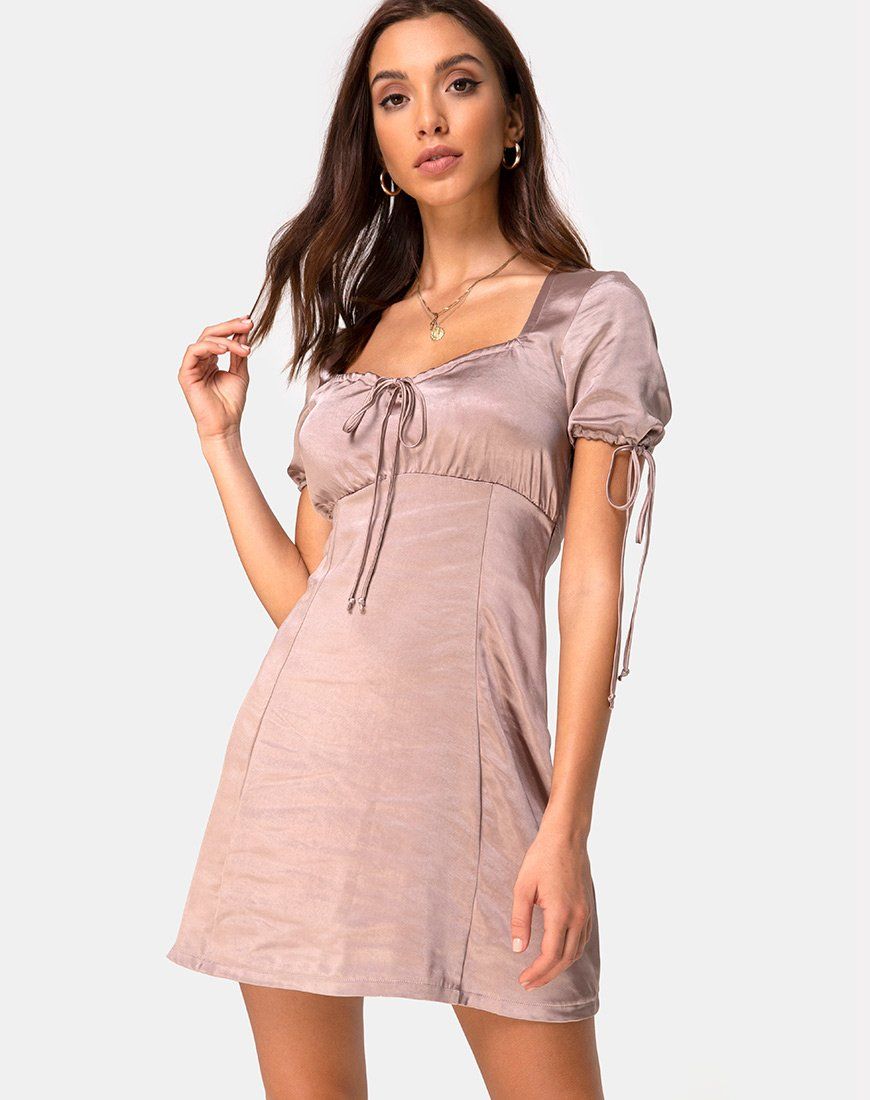 Guenette Dress in Satin Taupe sold by Motel Rocks