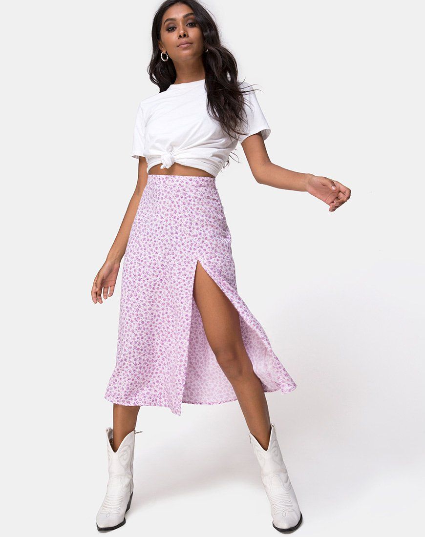 Saika Midi Skirt in Ditsy Rose Lilac sold by Motel Rocks