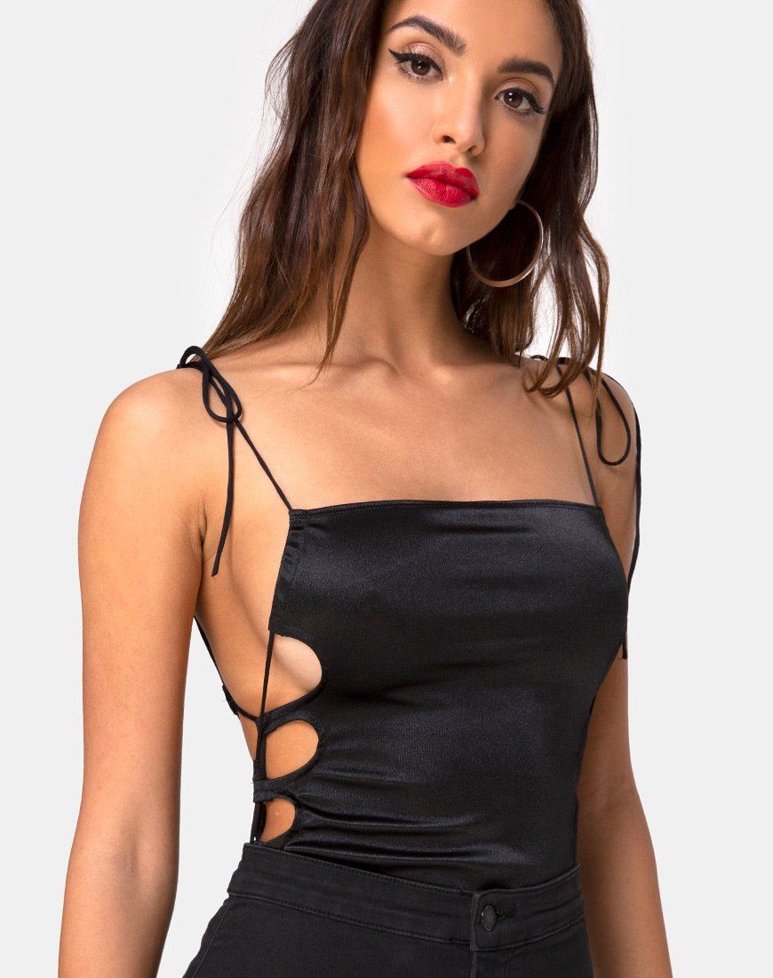 Lati Laced Up Bodice in Satin Black sold by Motel Rocks