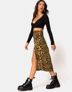 Saika Midi Skirt in Leopard sold by Motel Rocks