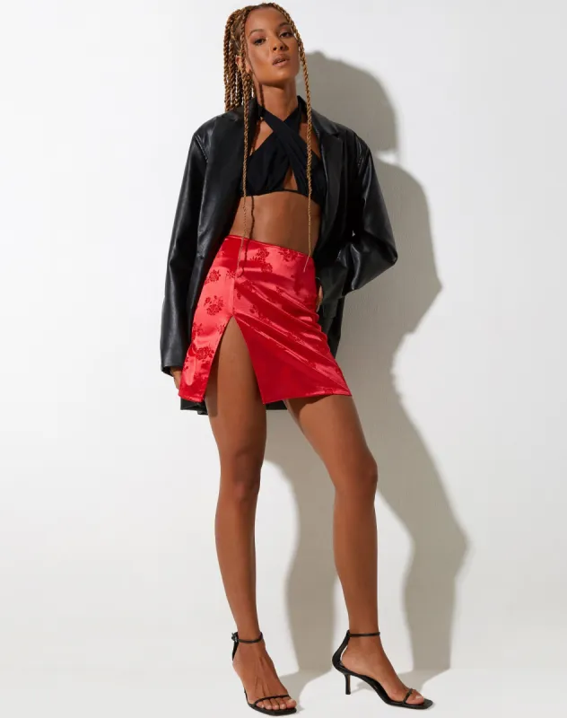 Shenka Mini Skirt in Rose Flock Red sold by Motel Rocks