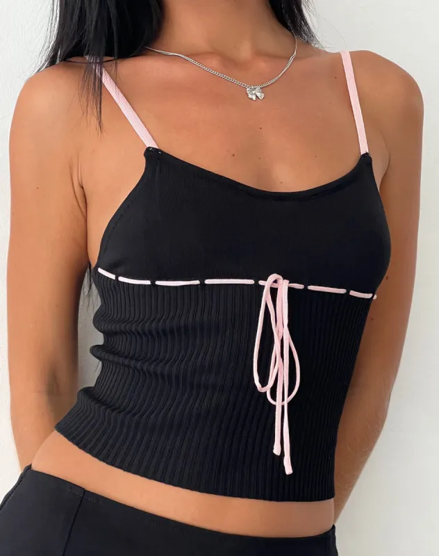 Emonie Cami Top in Black with Pink Binding sold by Motel Rocks