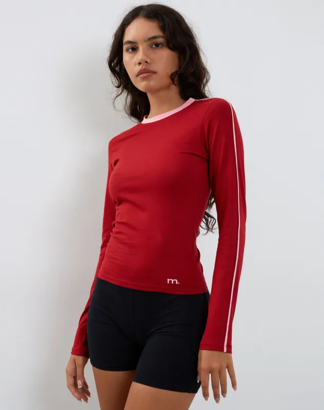 Bonija Long Sleeve Top in Red with Pink Binding sold by Motel Rocks