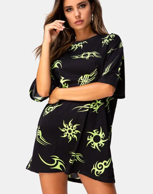 Sunny Kiss Tee in Black with Tribal Repeat sold by Motel Rocks