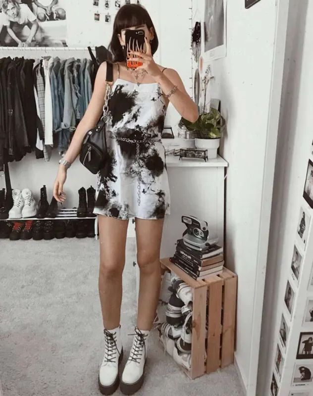 Sagha Slip Dress in Mono Tie Dye Black and White sold by Motel Rocks