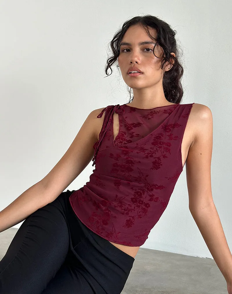 Moni Vest Top in Botanical Flower Maroon sold by Motel Rocks