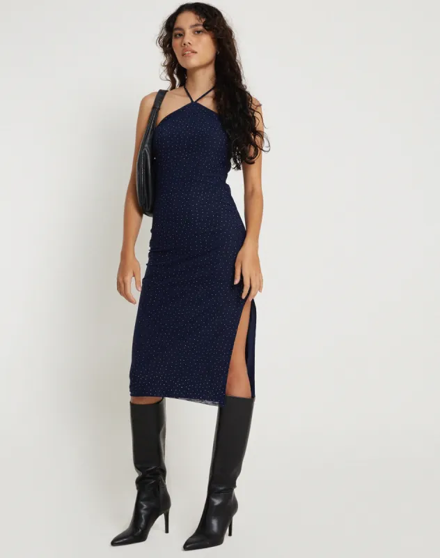 Rabi Halterneck Midi Dress in Mesh Navy sold by Motel Rocks