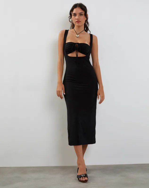 Reina Cut Out Bodycon Midi Dress in Black made by Motel Rocks