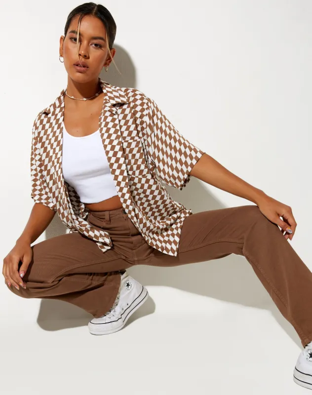 Hawaiian Shirt in Diagonal Checker Tan and Ivory made by Motel Rocks