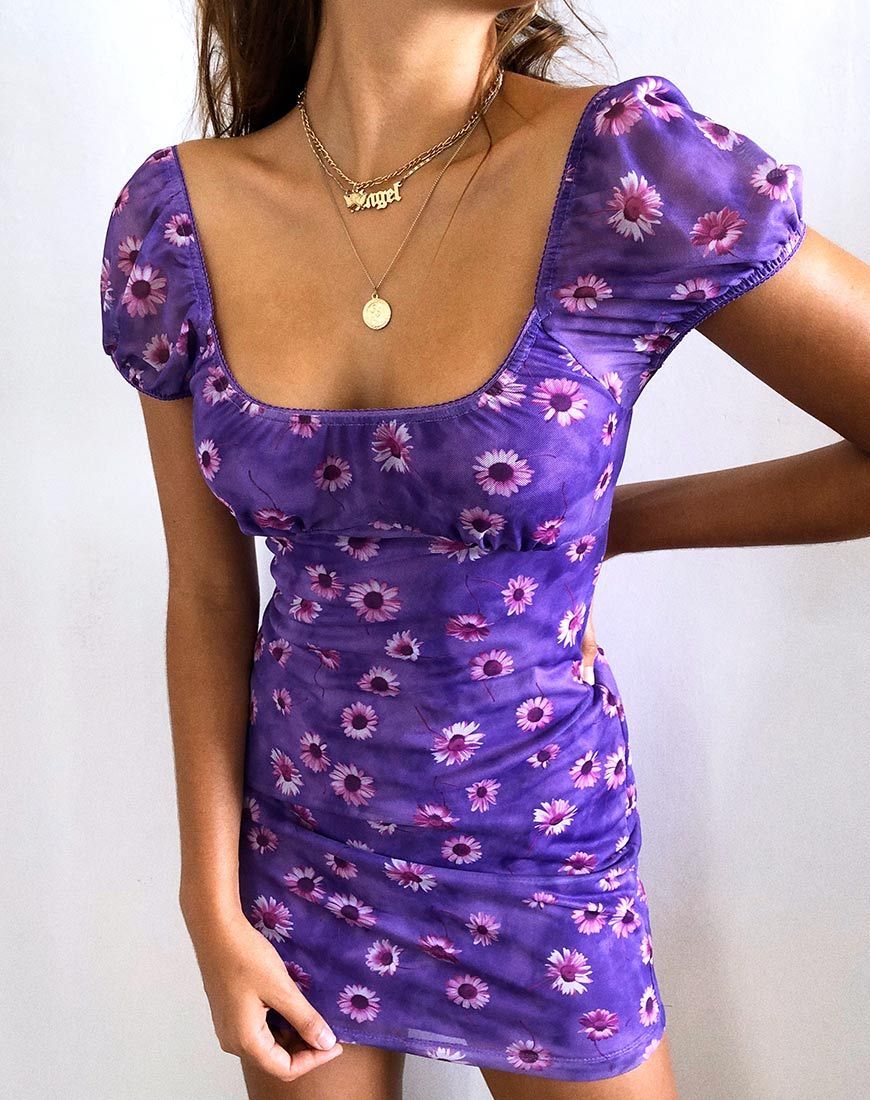 Galot Mini Dress in Daisy Daze Purple sold by Motel Rocks