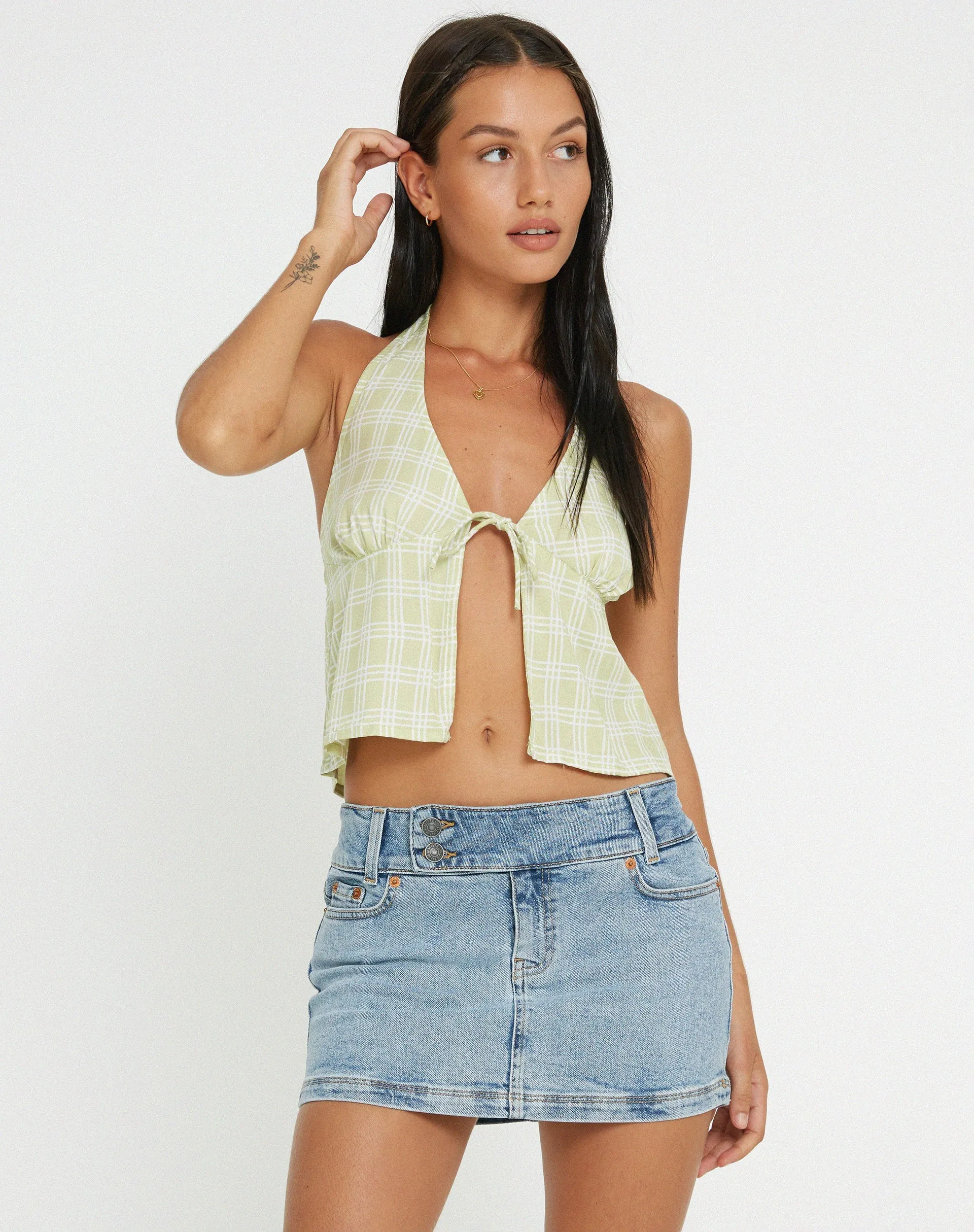Roula Halter Top in Sage Check sold by Motel Rocks