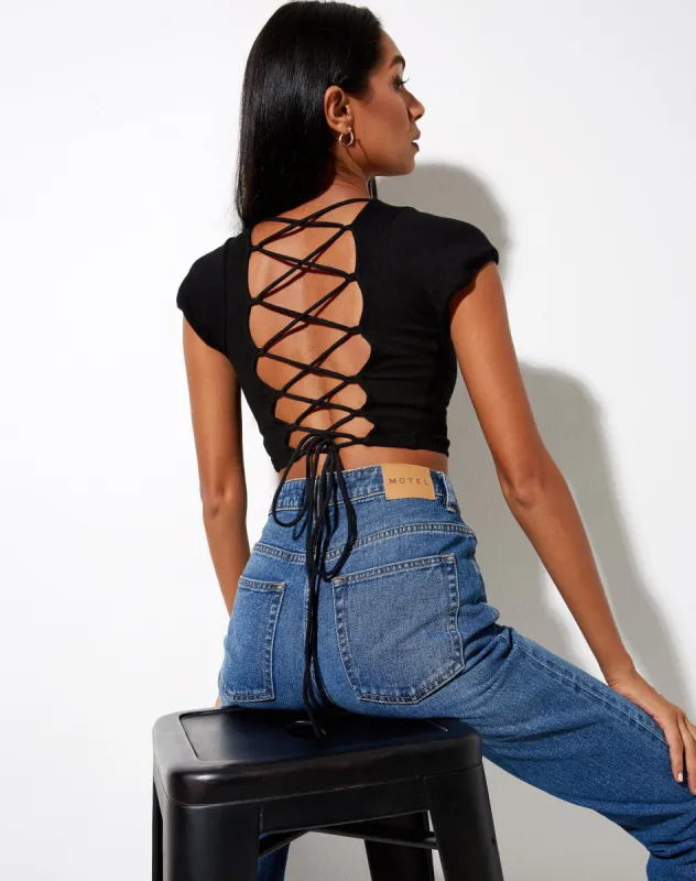 Natka Crop Top in Rib Black sold by Motel Rocks