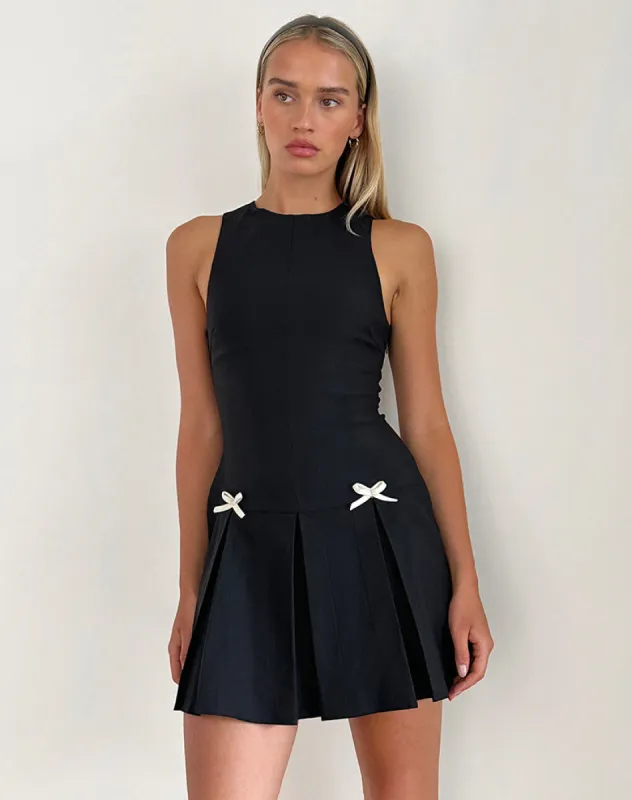 Radeta Mini Dress in Black with Ivory Bows sold by Motel Rocks