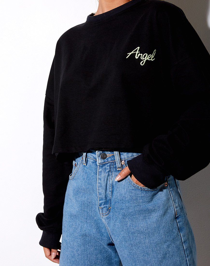 Fawly Crop Top in Black 'Angel' Embro in Neon Green sold by Motel Rocks