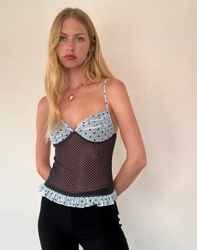 Zeina Cami Top in Blue Black Basic Polka sold by Motel Rocks