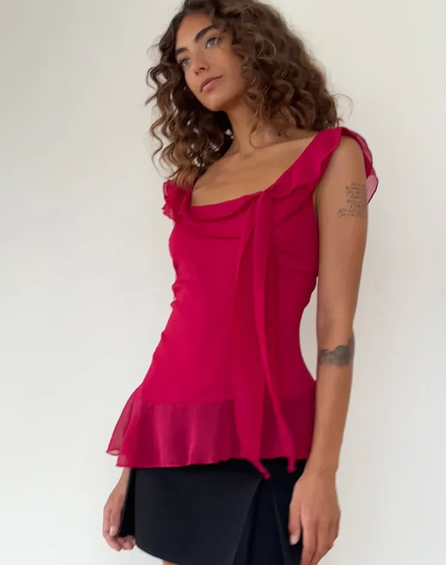 Piro Ruffle Longline Top in Burgundy sold by Motel Rocks