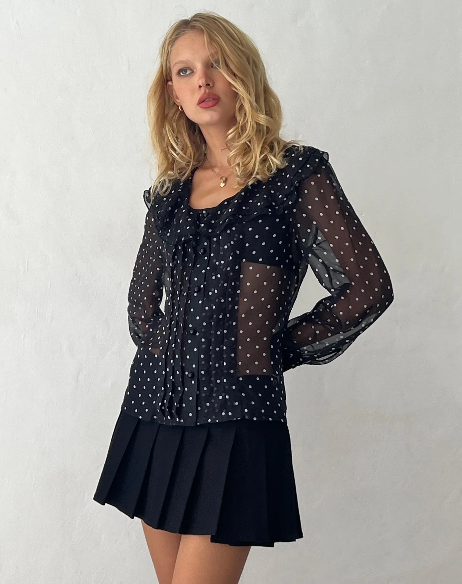 Zinnia Blouse in Polka Black Chiffon sold by Motel Rocks