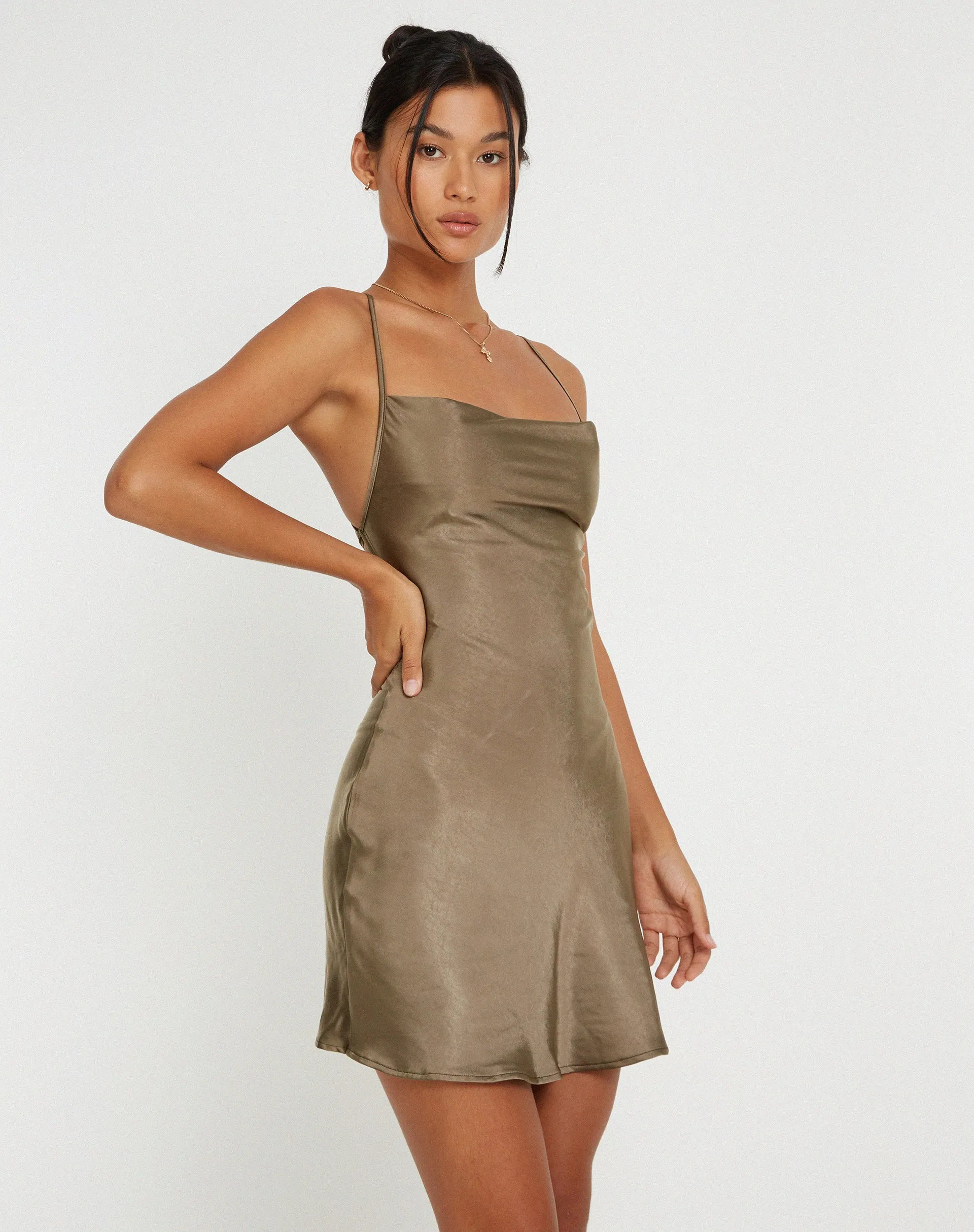 Zenita Mini Dress in Satin Dark Olive sold by Motel Rocks product image thumbnail 4