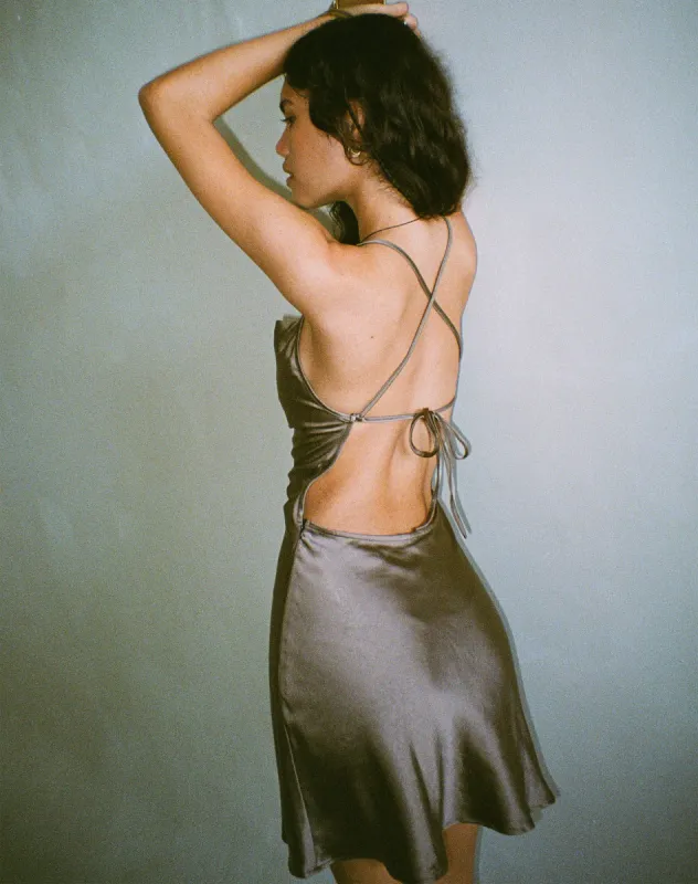 Zenita Mini Dress in Satin Dark Olive sold by Motel Rocks