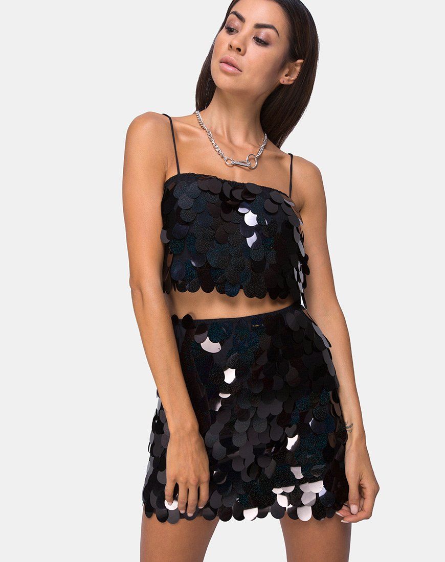 Wyne Mini Skirt in Galaxy Tear Drop Sequin sold by Motel Rocks