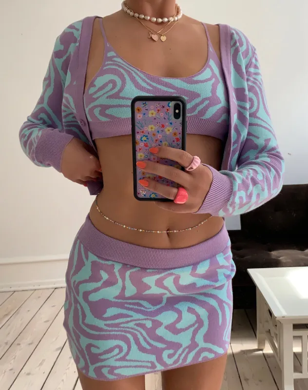 Hira Mini Skirt in Knit Jagged Swirl Lavender and Mint made by Motel Rocks