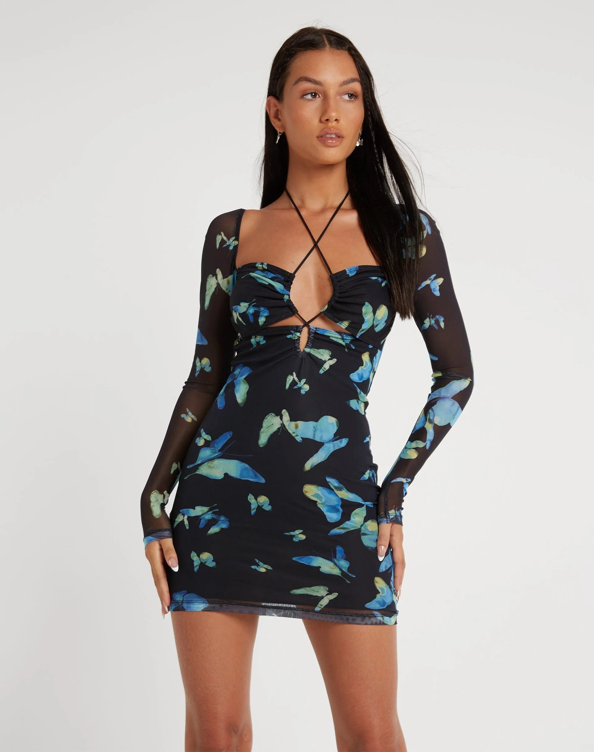 Juleha Mini Dress in Butterfly Watercolour Black sold by Motel Rocks product image thumbnail 4