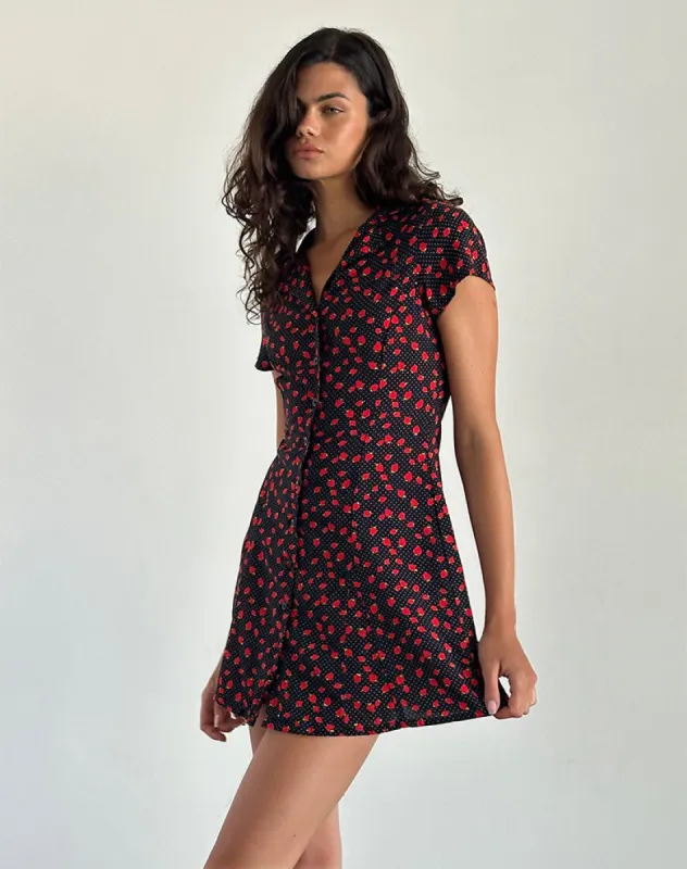 Holmana Mini Dress in Strawberry Polka Black sold by Motel Rocks