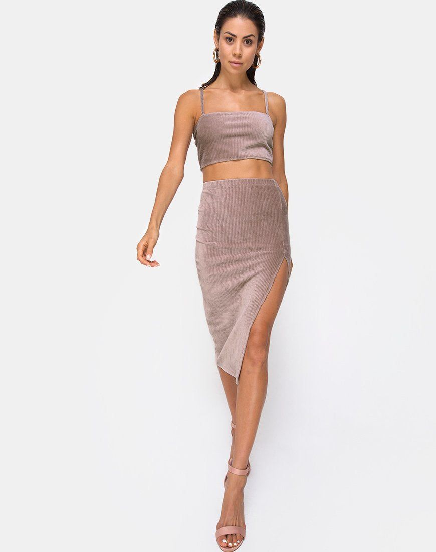Midi Cheri Split Skirt in Rib Taupe sold by Motel Rocks