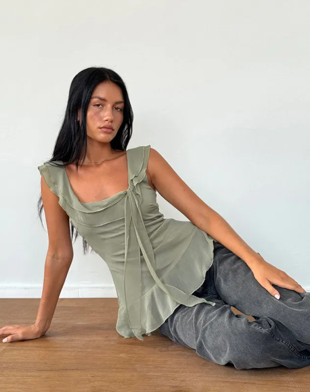 Piro Ruffle Longline Top in Chiffon Olive sold by Motel Rocks