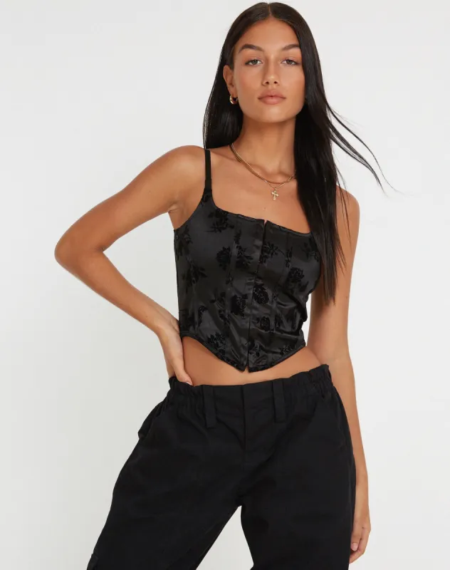 Ello Corset Top in Black Rose Flock made by Motel Rocks