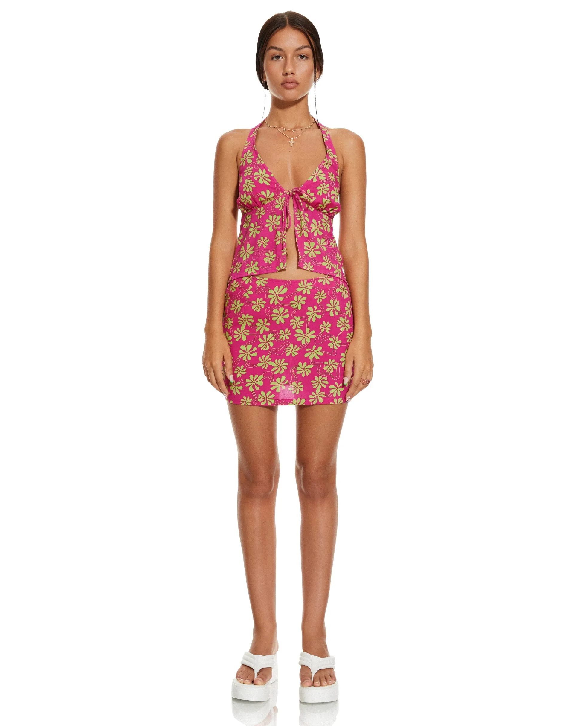 MOTEL X BARBARA Roula Top in 90s Beachy Floral Hot Pink sold by Motel Rocks