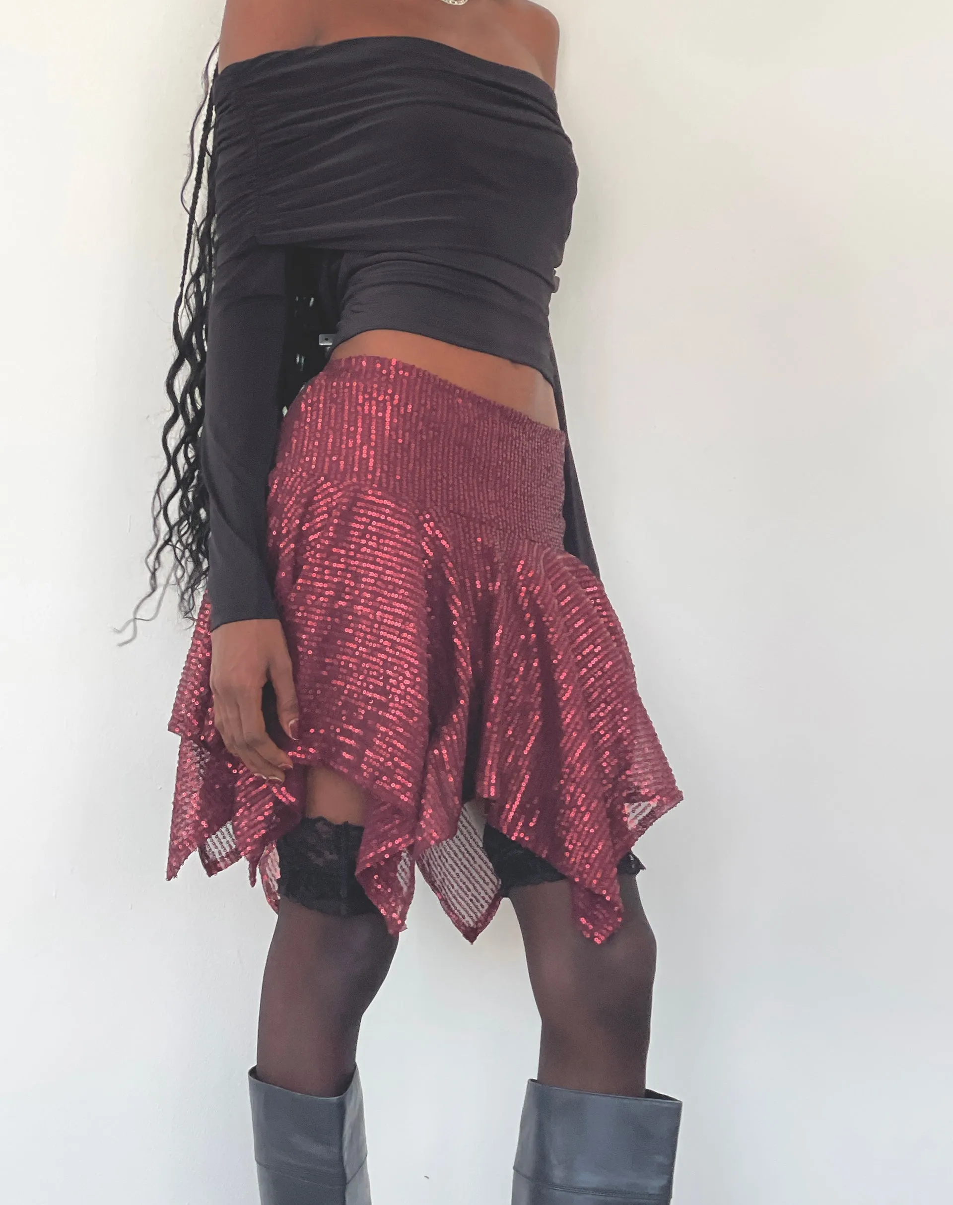 Helga Waterfall Mini Skirt in Sequin Burgundy sold by Motel Rocks product image thumbnail 3