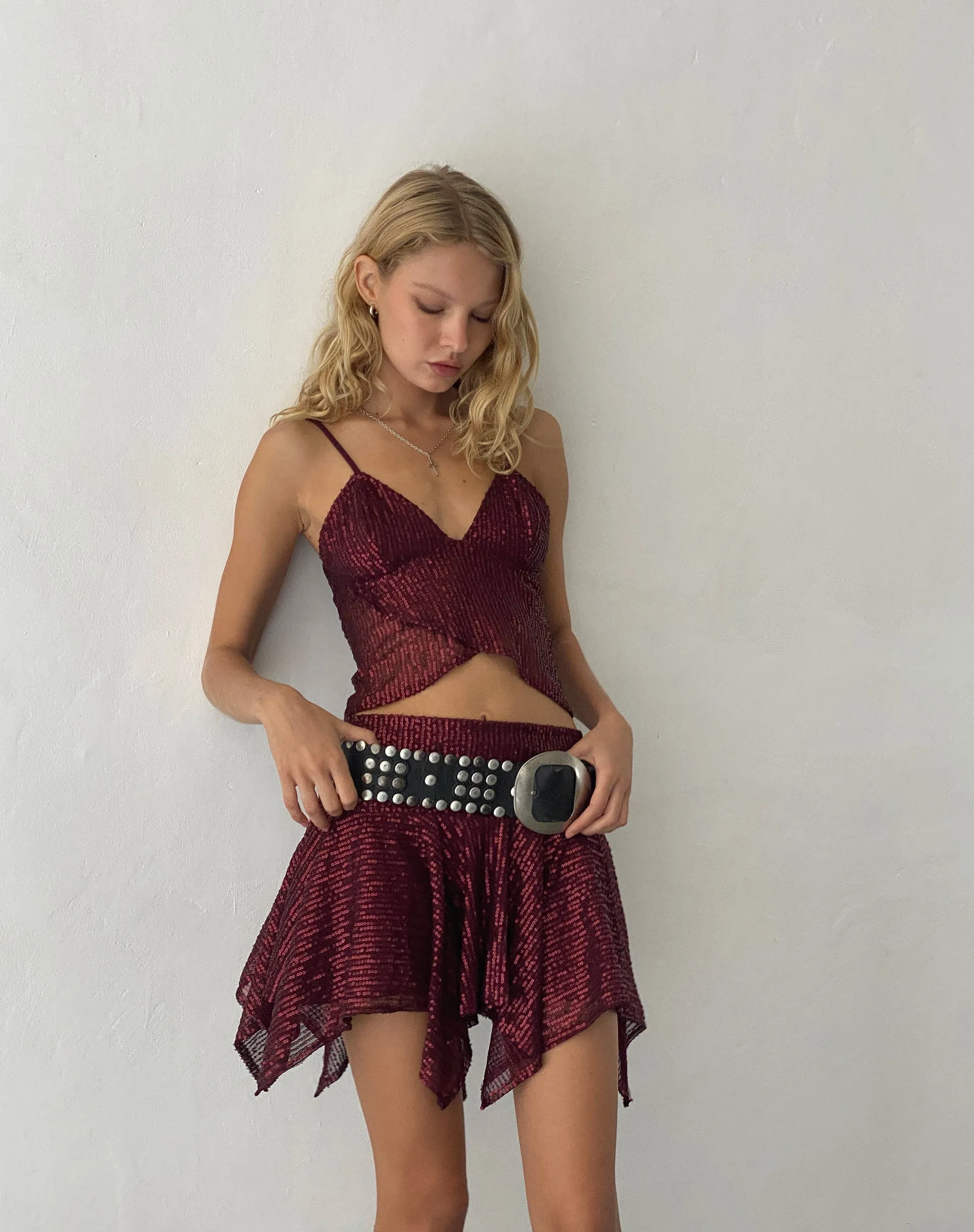 Helga Waterfall Mini Skirt in Sequin Burgundy sold by Motel Rocks product image thumbnail 2