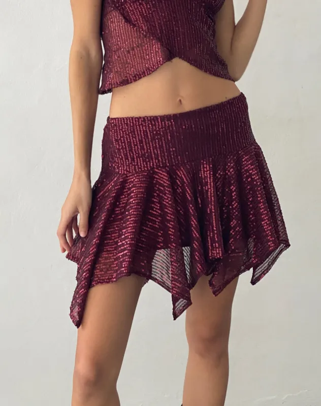 Helga Waterfall Mini Skirt in Sequin Burgundy made by Motel Rocks