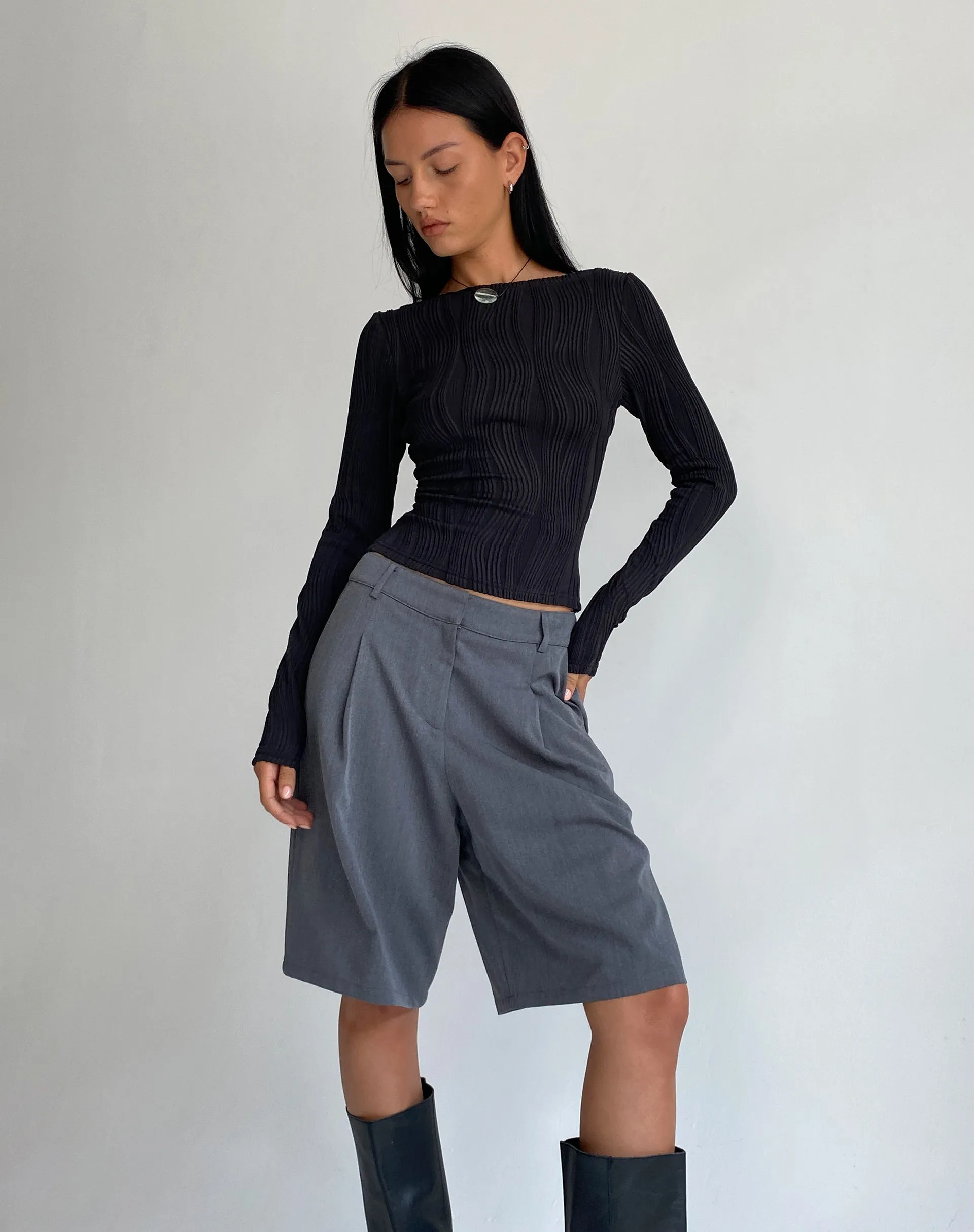 Amabon Long Sleeve Crop Top in Crinkle Black sold by Motel Rocks product image thumbnail 2