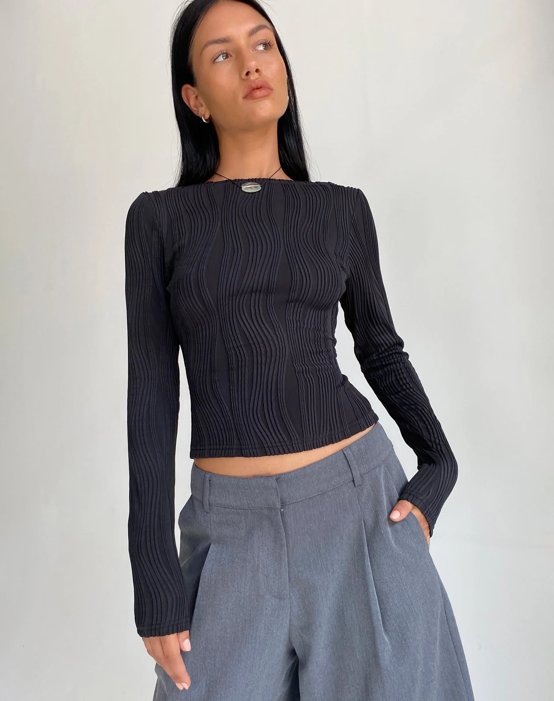 Amabon Long Sleeve Crop Top in Crinkle Black sold by Motel Rocks product image thumbnail 4