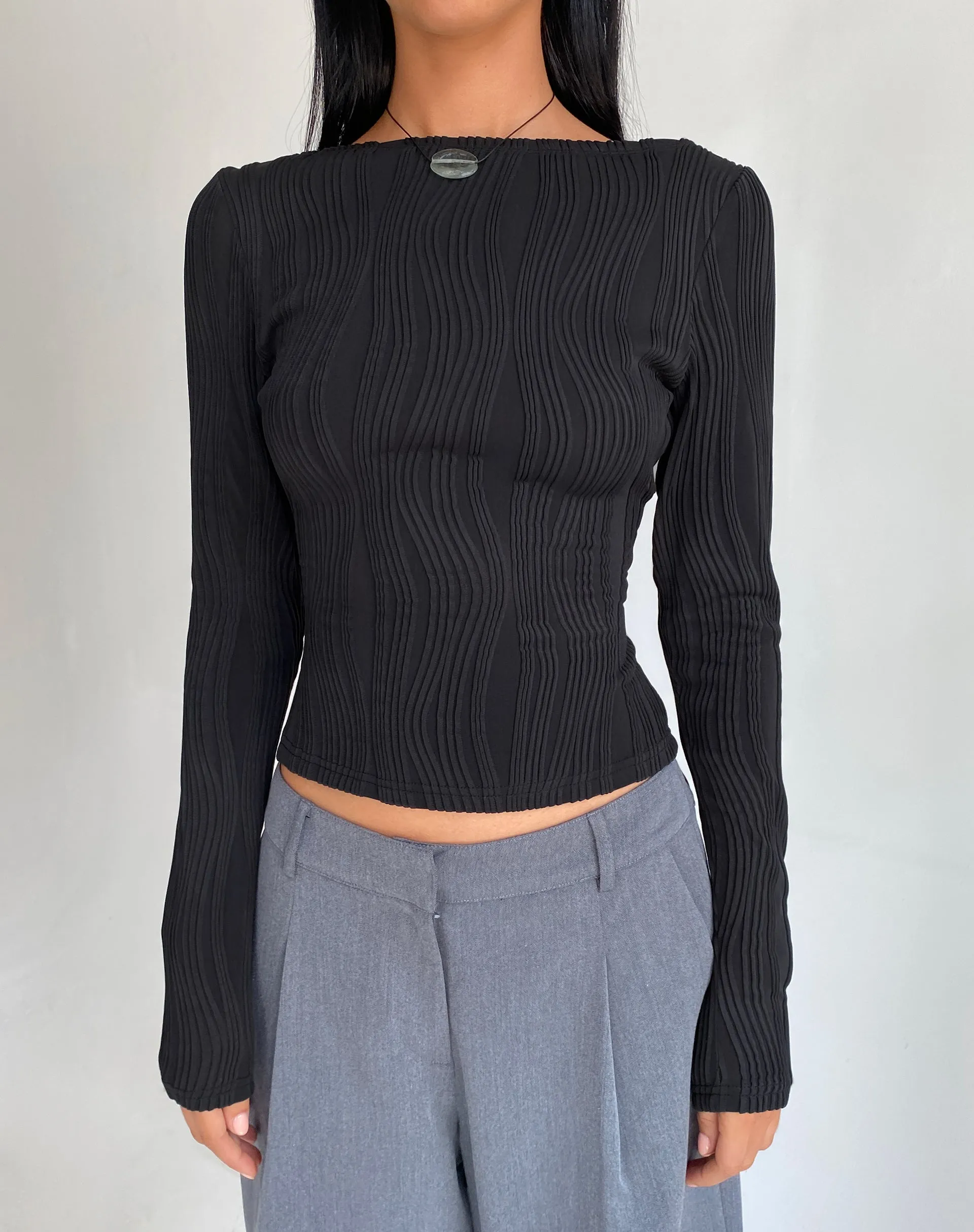 Amabon Long Sleeve Crop Top in Crinkle Black sold by Motel Rocks
