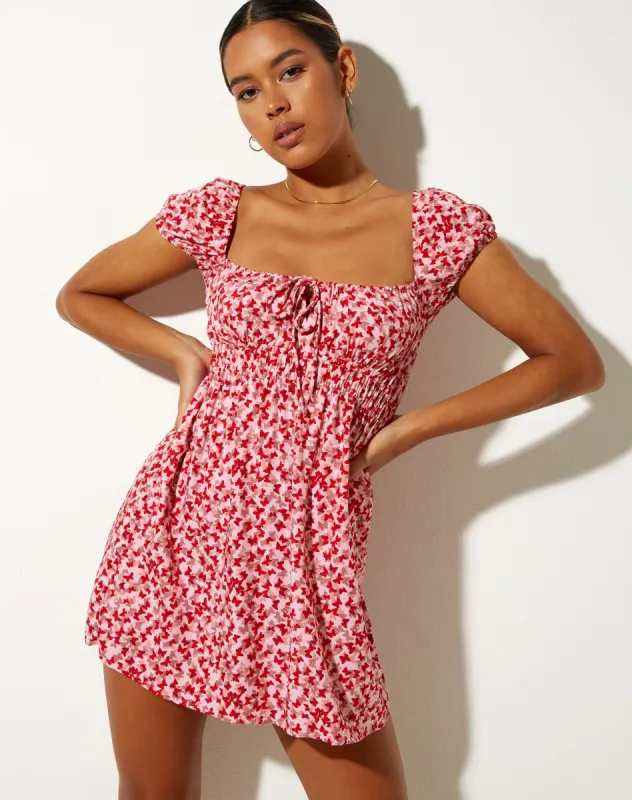 Galova Mini Dress in Ditsy Butterfly Peach and Red sold by Motel Rocks