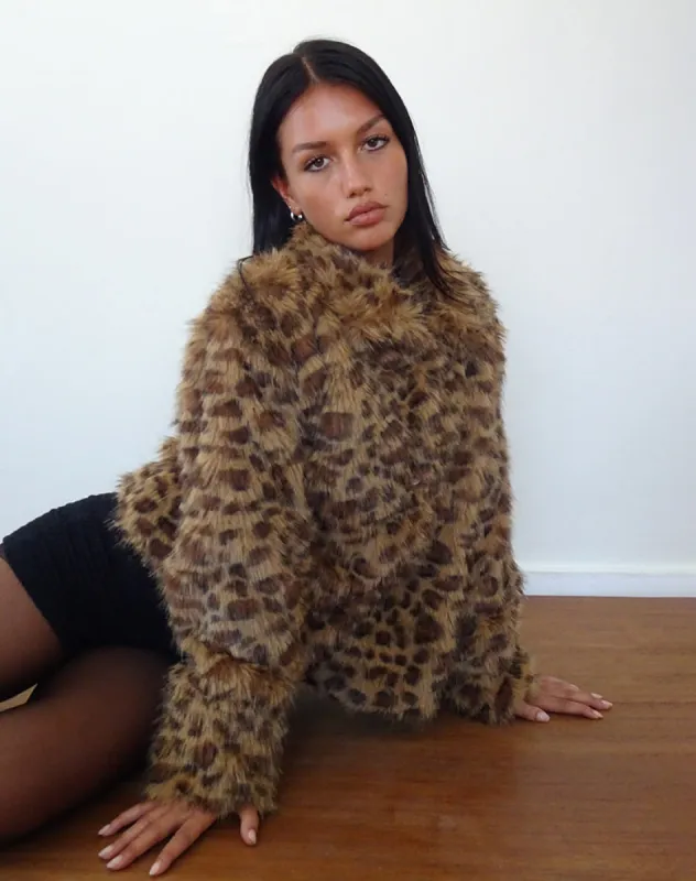 Joji Crop Faux Fur Jacket in Brown Leopard sold by Motel Rocks