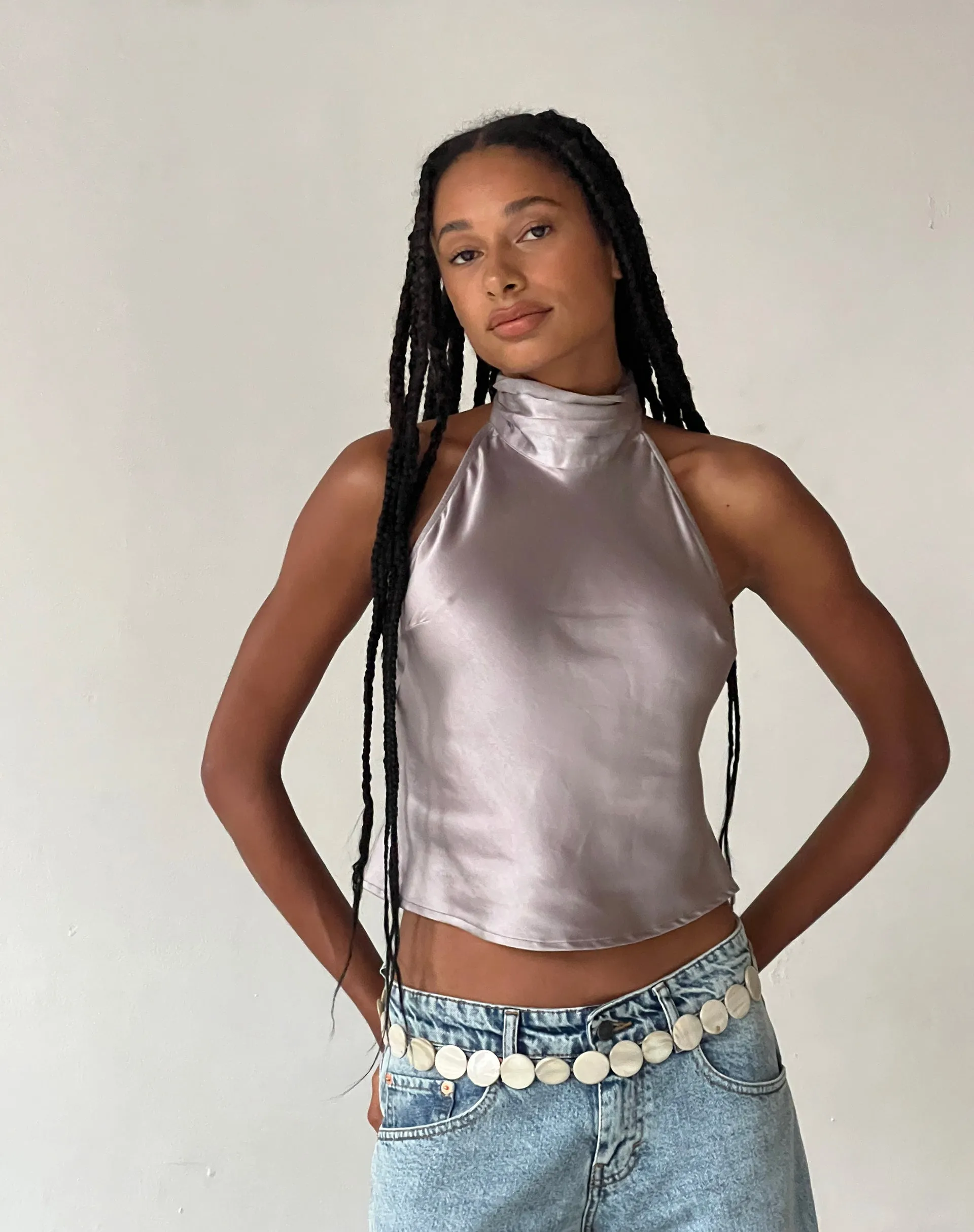 MOTEL X JACQUIE Ataina Halterneck Top in Satin Silver sold by Motel Rocks product image thumbnail 2