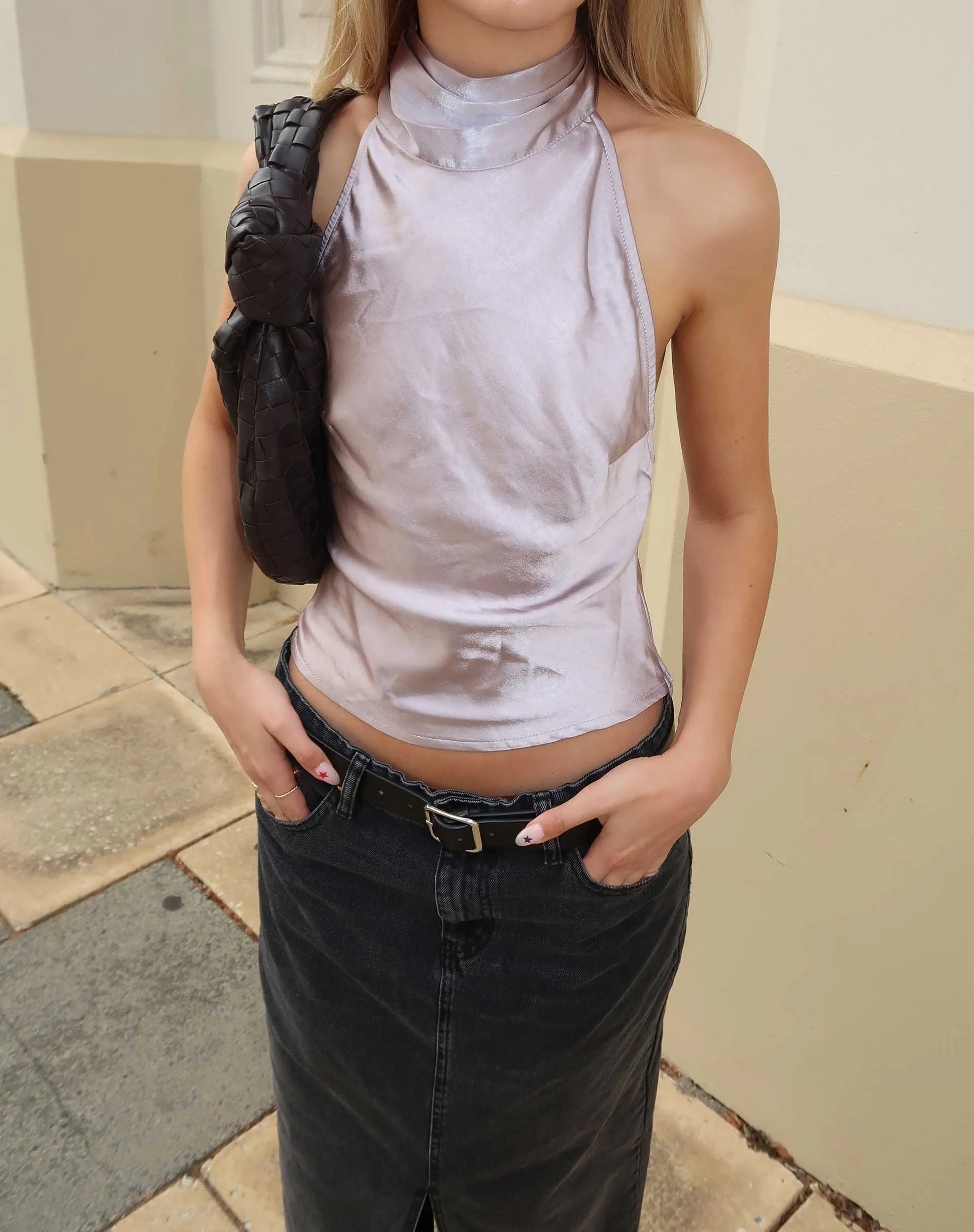 MOTEL X JACQUIE Ataina Halterneck Top in Satin Silver sold by Motel Rocks