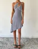 MOTEL X JACQUIE Chrissy Asymmetric Mini Dress in Slinky Grey sold by Motel Rocks