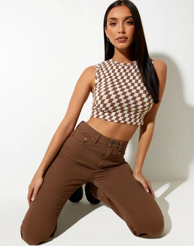 Gimon Crop Top in Diagonal Checker Tan and Ivory sold by Motel Rocks