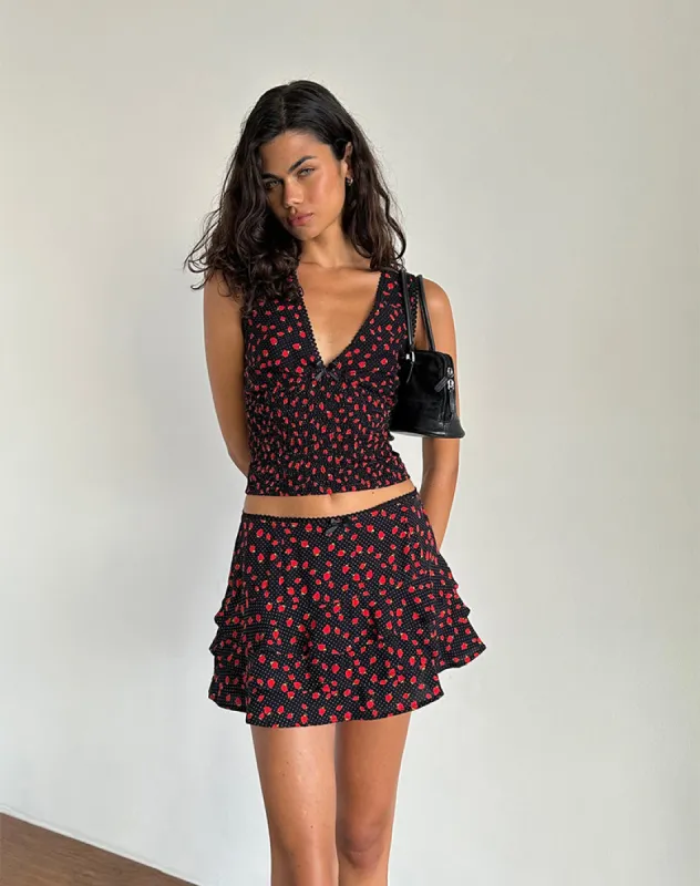 Hevalis Top in Strawberry Polka Black sold by Motel Rocks