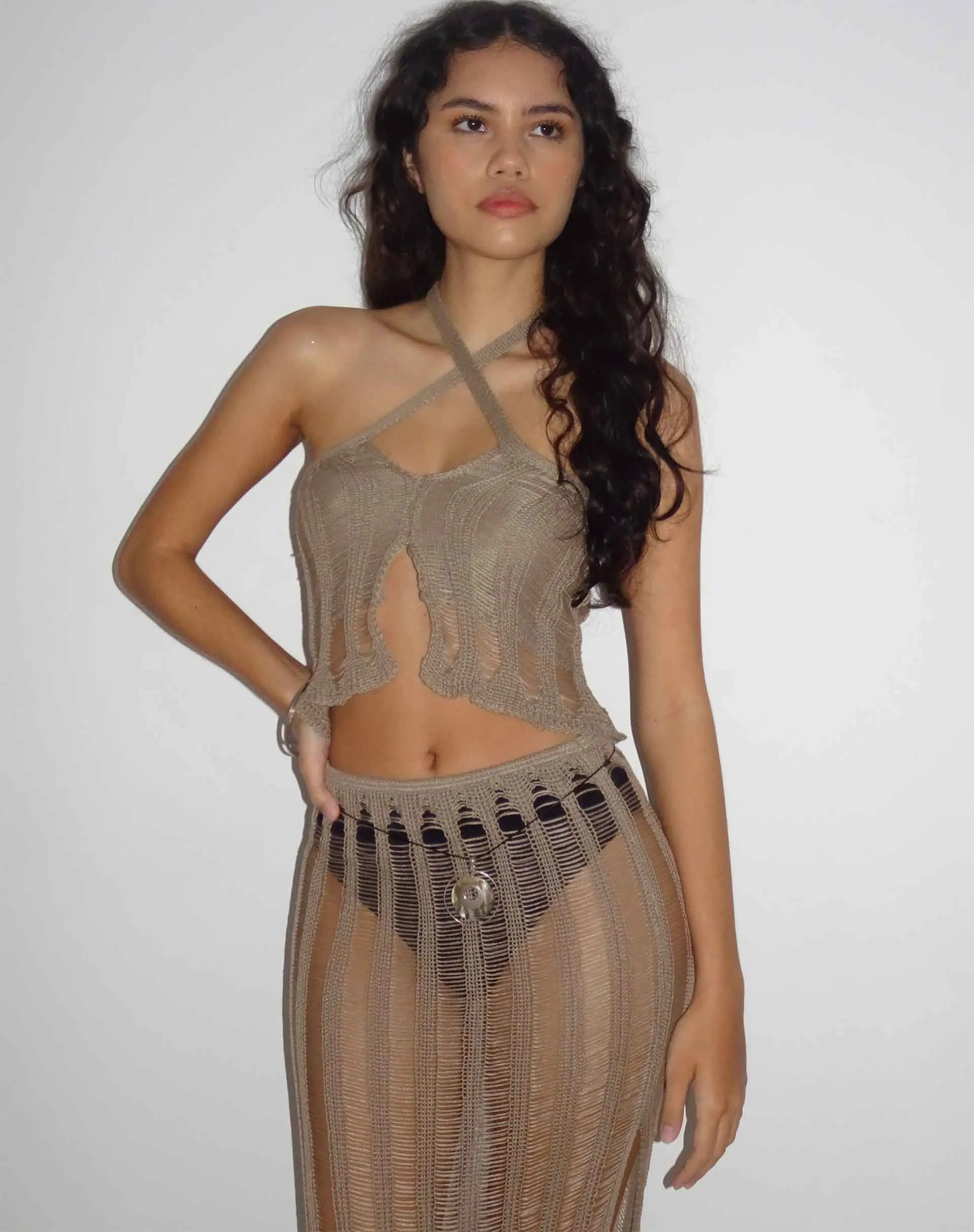 Phoebe Halterneck Knitted Top in Desert Taupe sold by Motel Rocks product image thumbnail 3