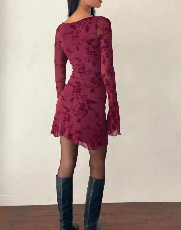 Sevila Long Sleeve Mini Dress in Flocked Botanical Flower Maroon | Parallel