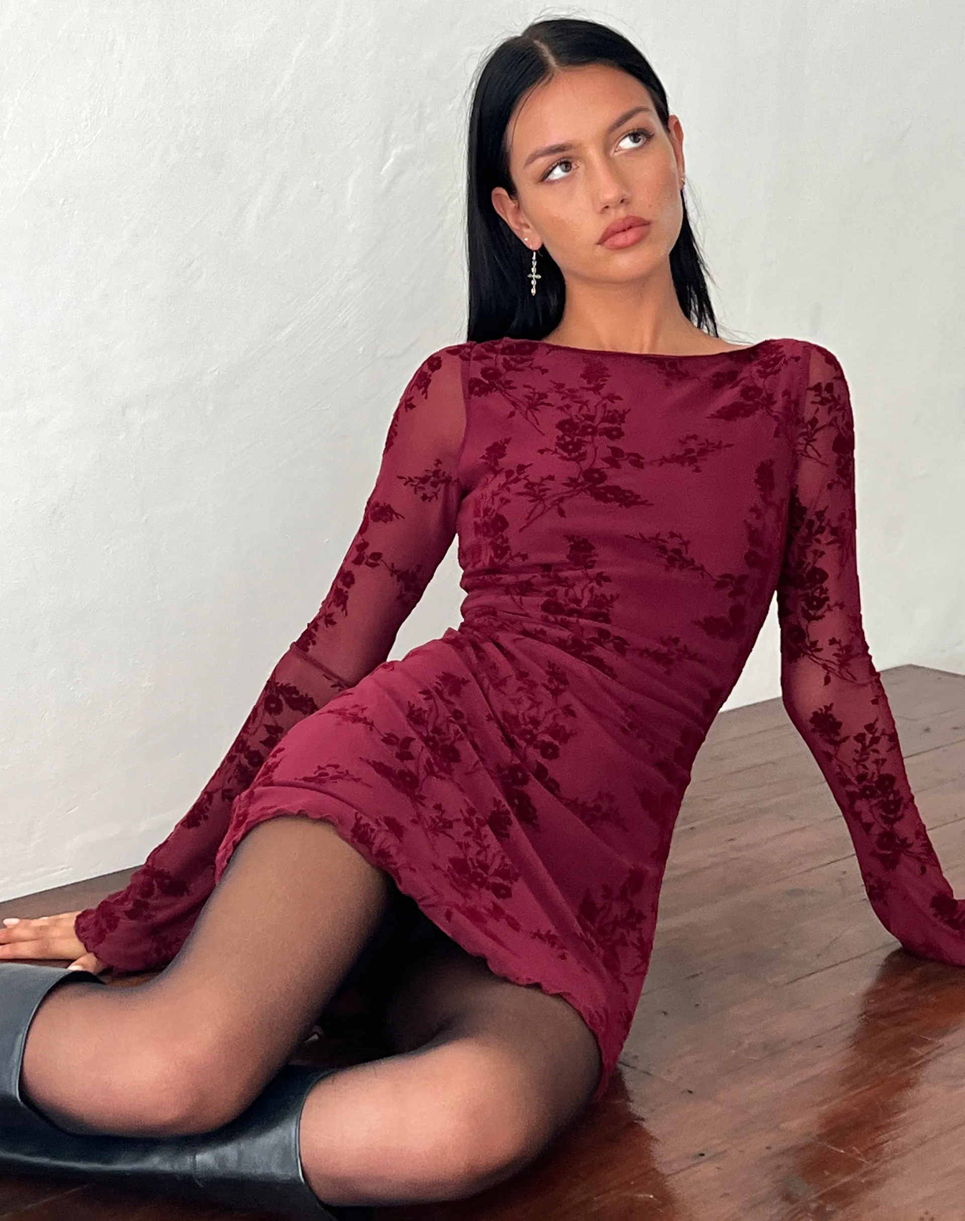 Sevila Long Sleeve Mini Dress in Flocked Botanical Flower Maroon sold by Motel Rocks product image thumbnail 2