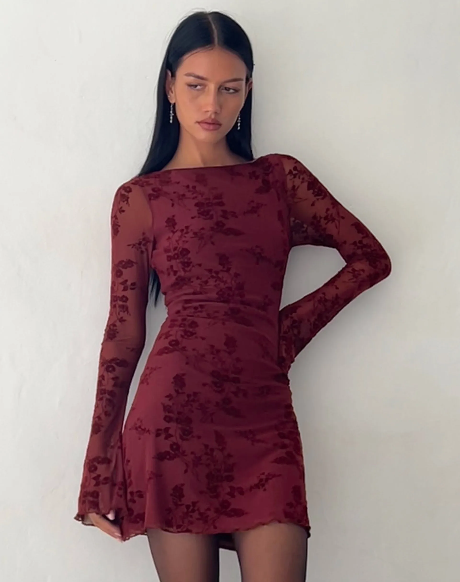 Sevila Long Sleeve Mini Dress in Flocked Botanical Flower Maroon sold by Motel Rocks product image thumbnail 4